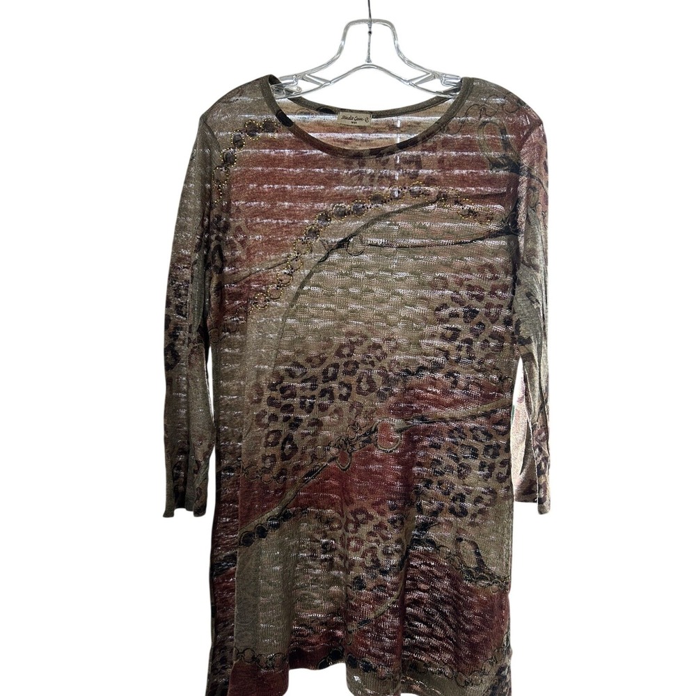 Studio Gem Q Womens Large Beaded Animal Print Sheer Knit Tunic Top 3/4 Sleeve